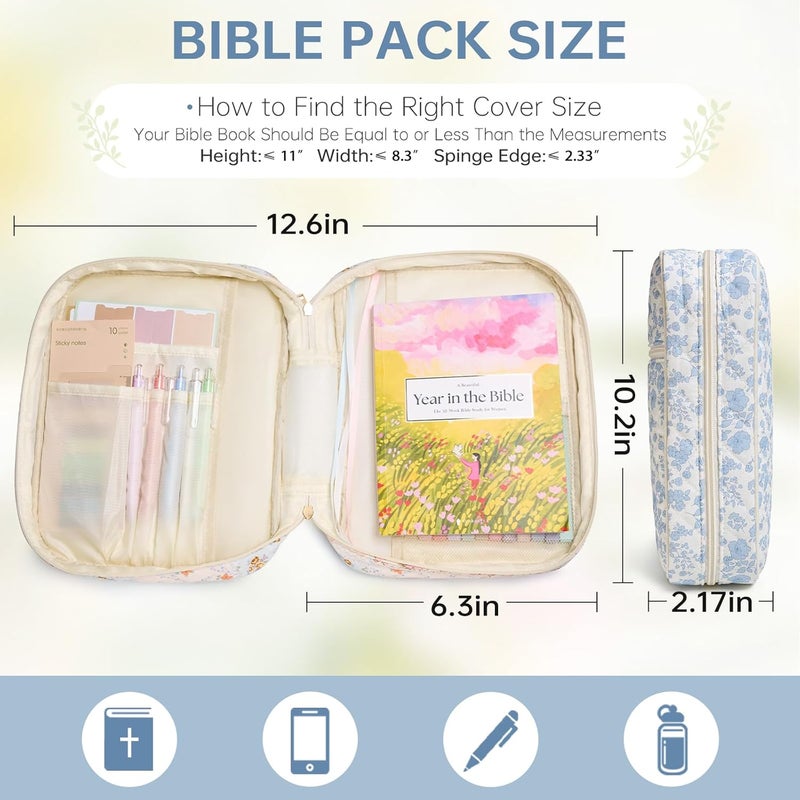 YKFLY Bible Cover Case for Women Large Bible Cover with Durable Handle Quilted Bible Carrying Case for Girls Bible Study Supplies Accessories (Blue Flower, Blue Flower) - Image 3